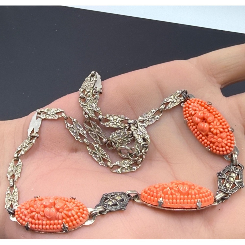 Vintage Art Deco Necklace Sterling Silver Coral Glass Floral Marcasite 16"